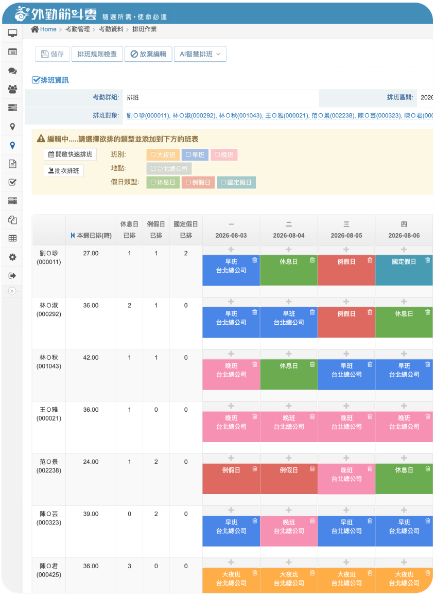 外勤筋斗雲 AI智慧排班示意圖