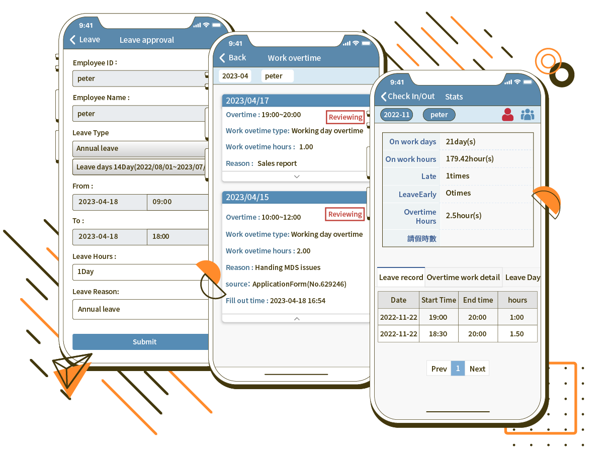 ServiceJDC - Attendance system - Mobile leave application, overtime request, proximity-based approval, attendance record statistics.