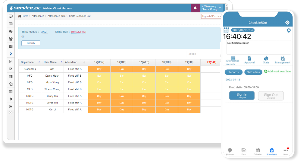 ServiceJDC - Attendance system - scheduling, punch-in, leave, and overtime approval