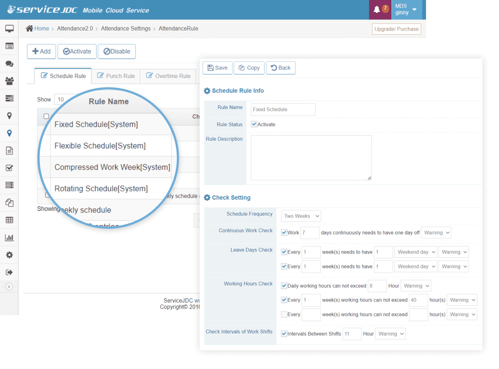 ServiceJDC - Scheduling rules - One day off per week, flexible working hours