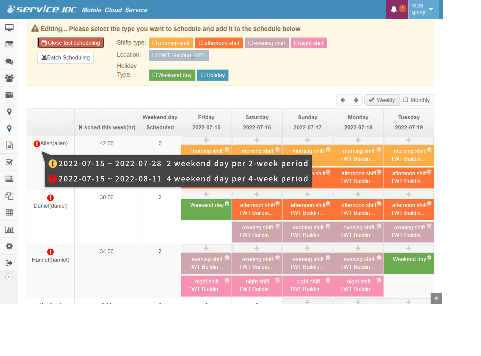 ServiceJDC - Scheduling system - automatic rule checking