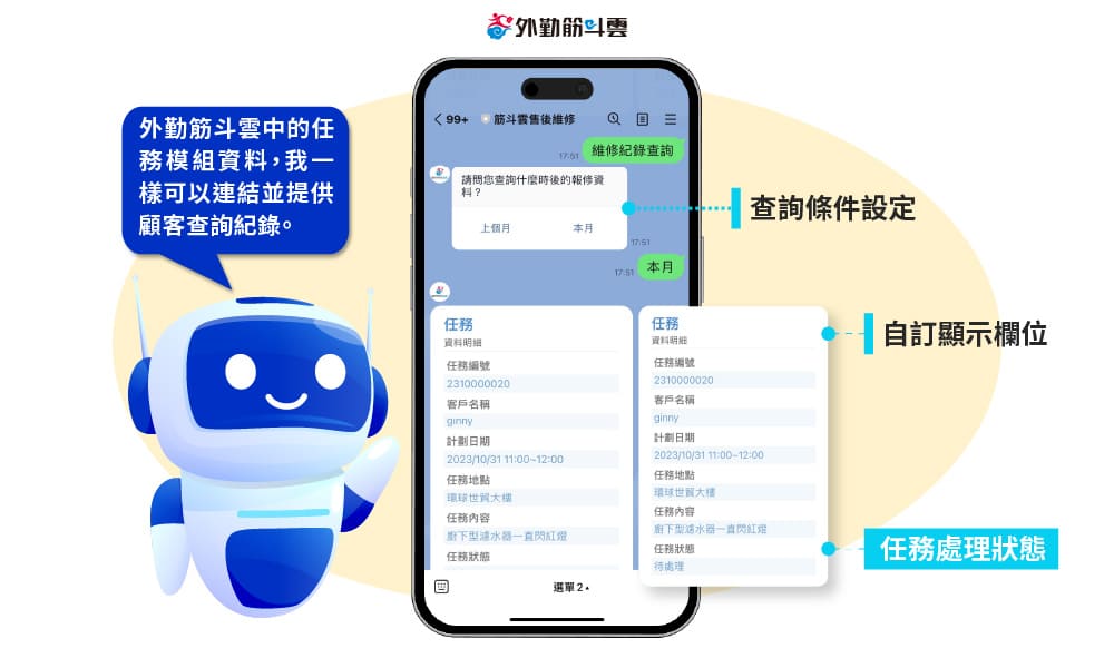 外勤筋斗雲 智能客服平台(ChatBot Service) 機器人提供維修紀錄、任務狀態查詢