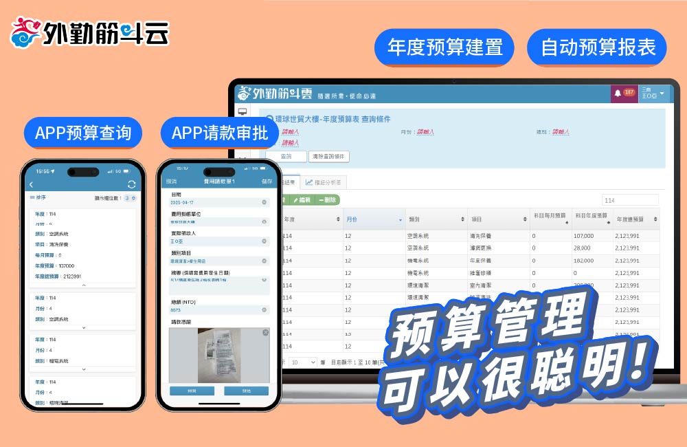 外勤筋斗云 商办物业管理 年度预算建置、费用在线请款、BI 报表