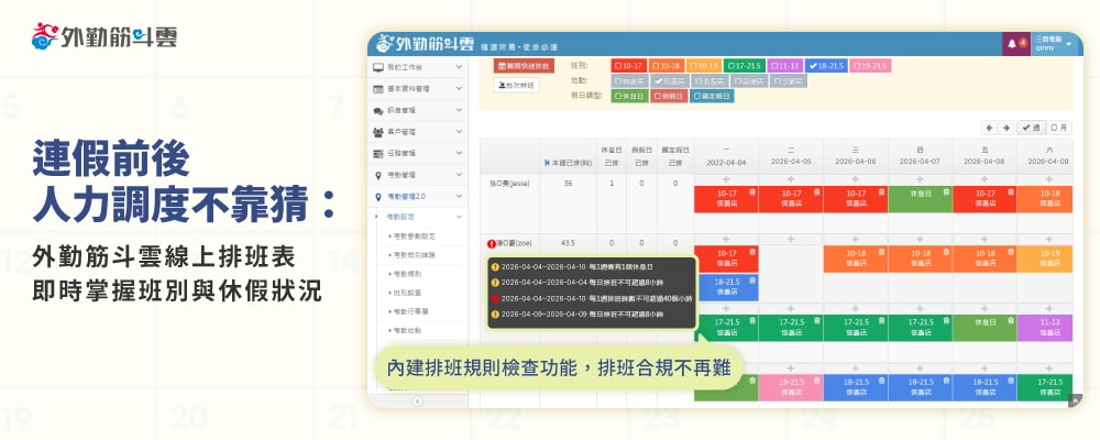 外勤筋斗雲線上排班表介面:連假前後人力調度與合規排班檢查功能